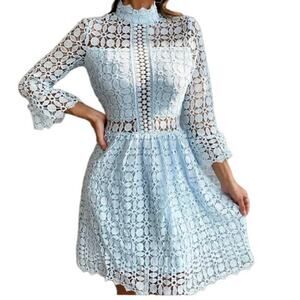 Eilly Bazar Baby Blue Lace Mini Dress Large Bell Sleeve Mock Neck Fit Flare